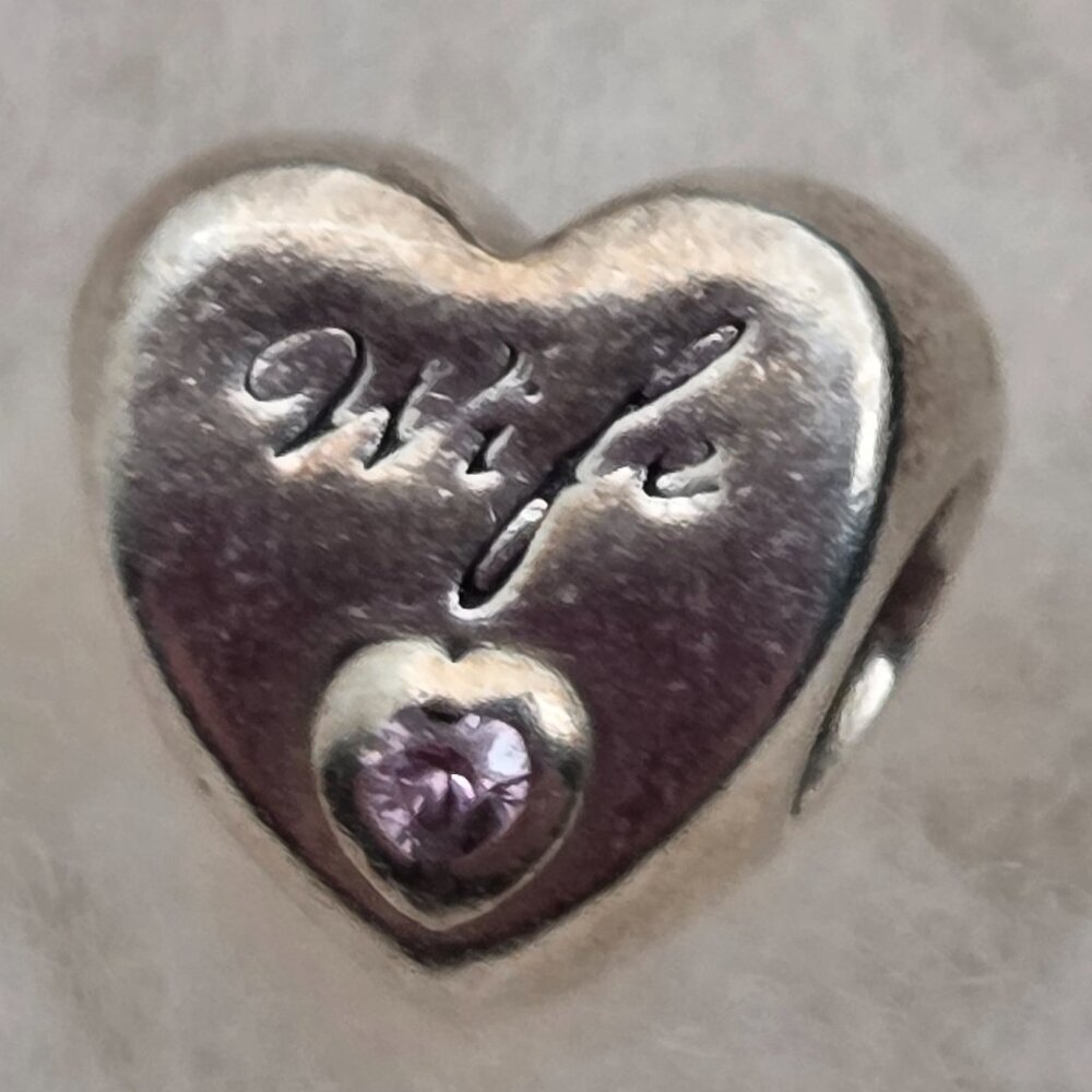 Pandora Sterling Silver "Wife" Heart Charm with Pink CZ small stone - Picture 4 of 5